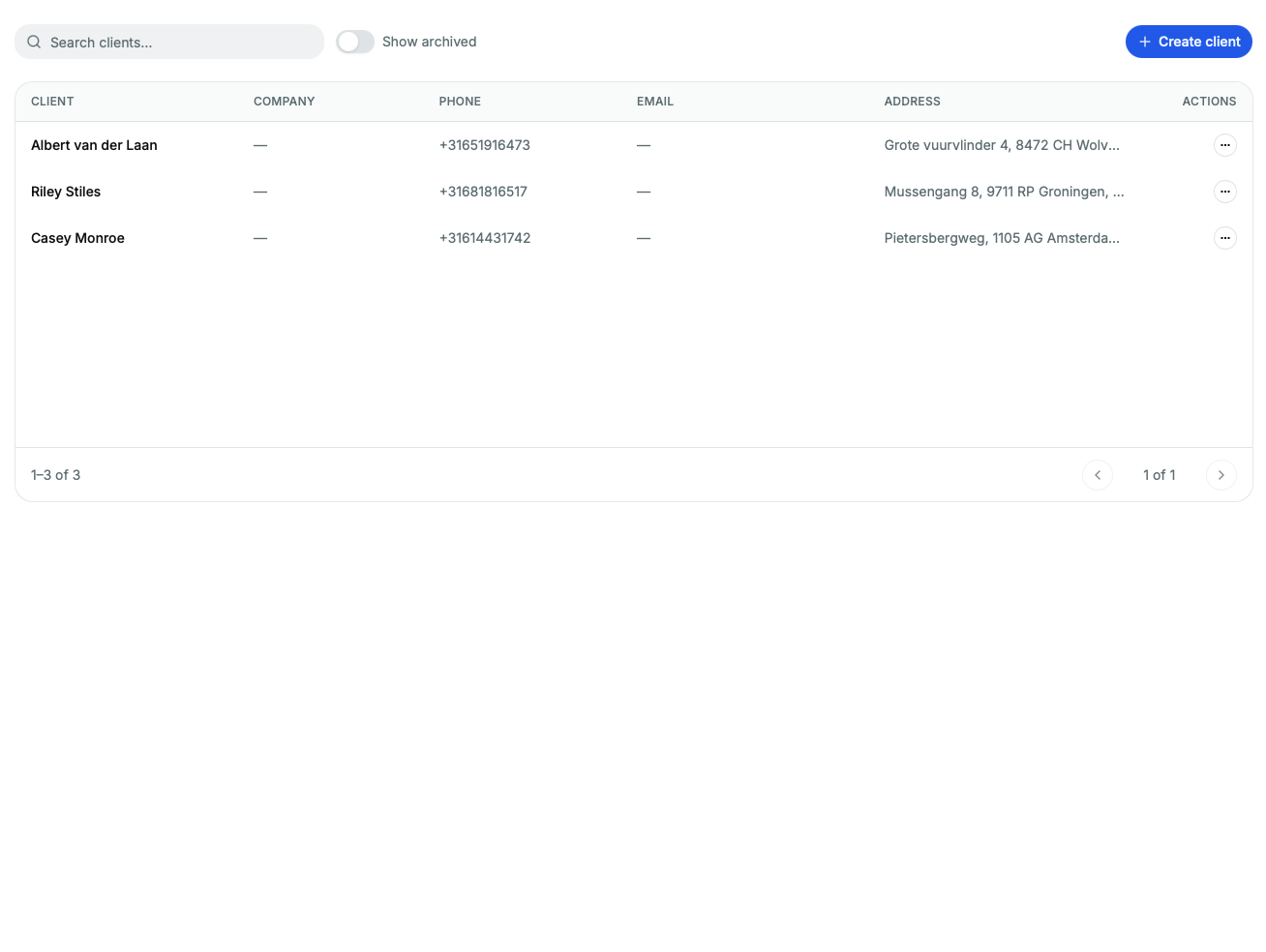 Client list with company, phone, email and address columns