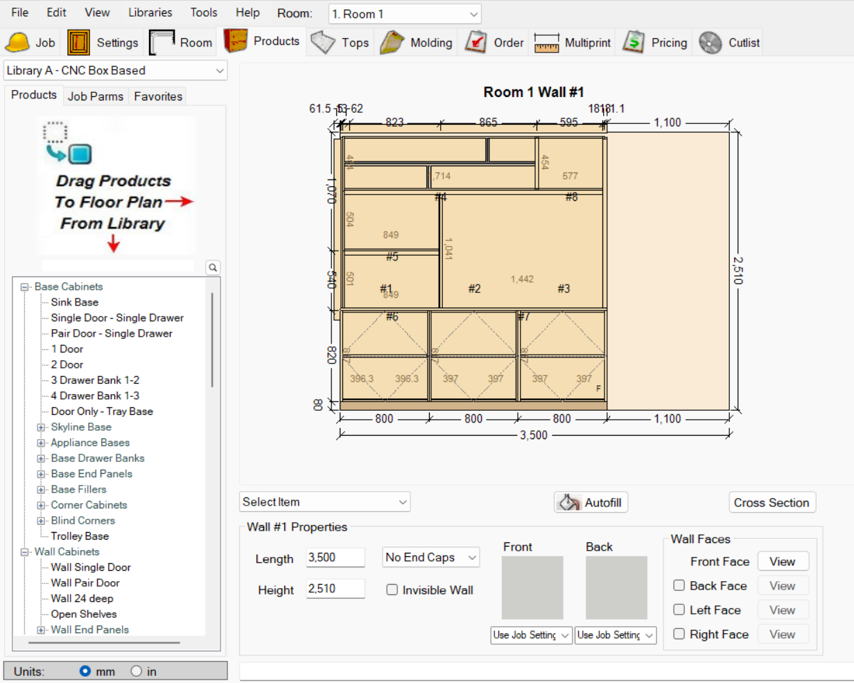Screenshot of legacy cabinetry software with dated 2D interface, dense toolbars and dropdown menus