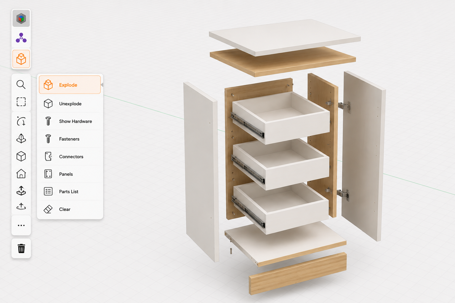 MC Studio adaptive toolbar showing only the tools relevant to the current Explode mode interaction