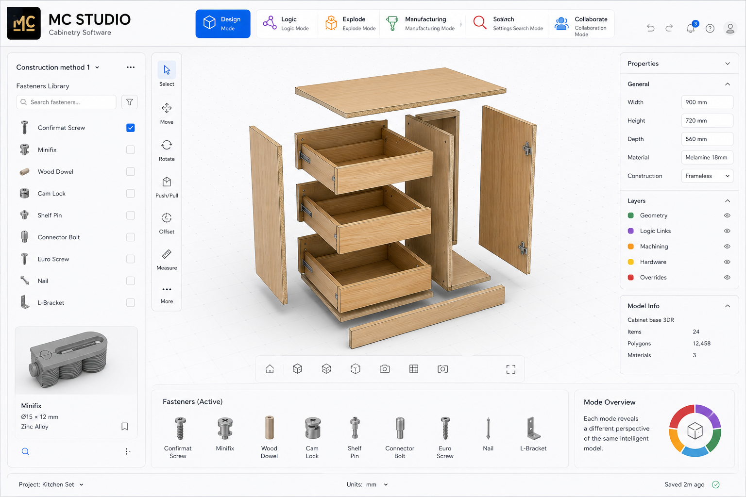 MC Studio interface showing one viewport with Design, Logic, Explode, Manufacturing, Search and Collaborate modes